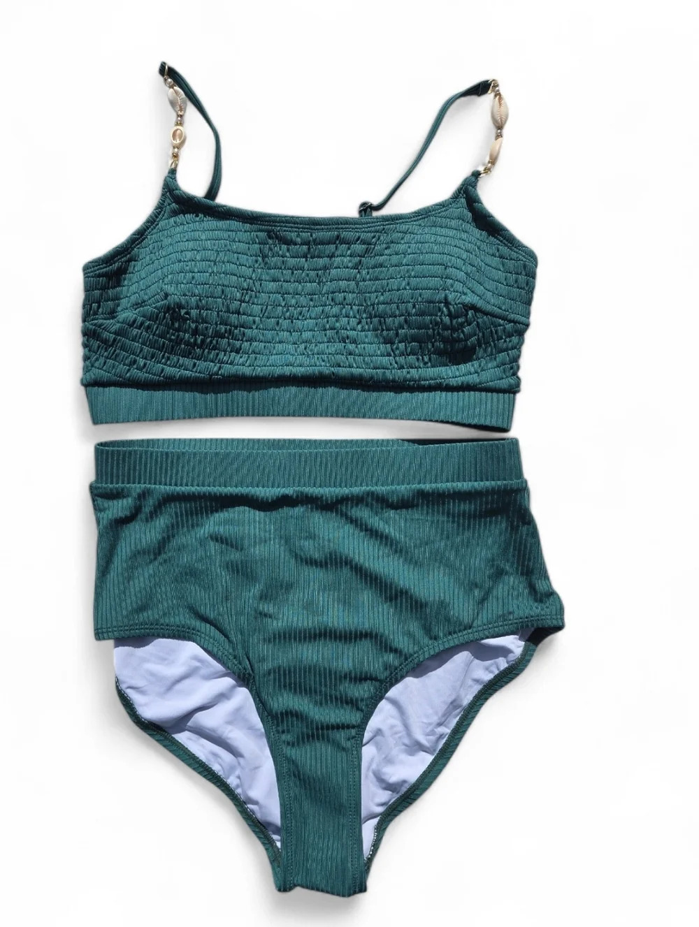 High-Waist Textured Bikini Set - Emerald Green With Seashell Detail - Picture 2 of 4